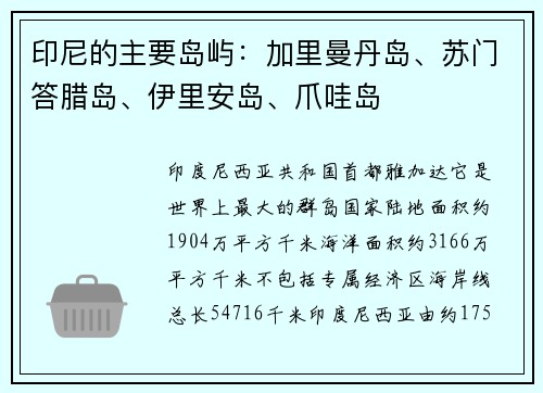 印尼的主要岛屿：加里曼丹岛、苏门答腊岛、伊里安岛、爪哇岛